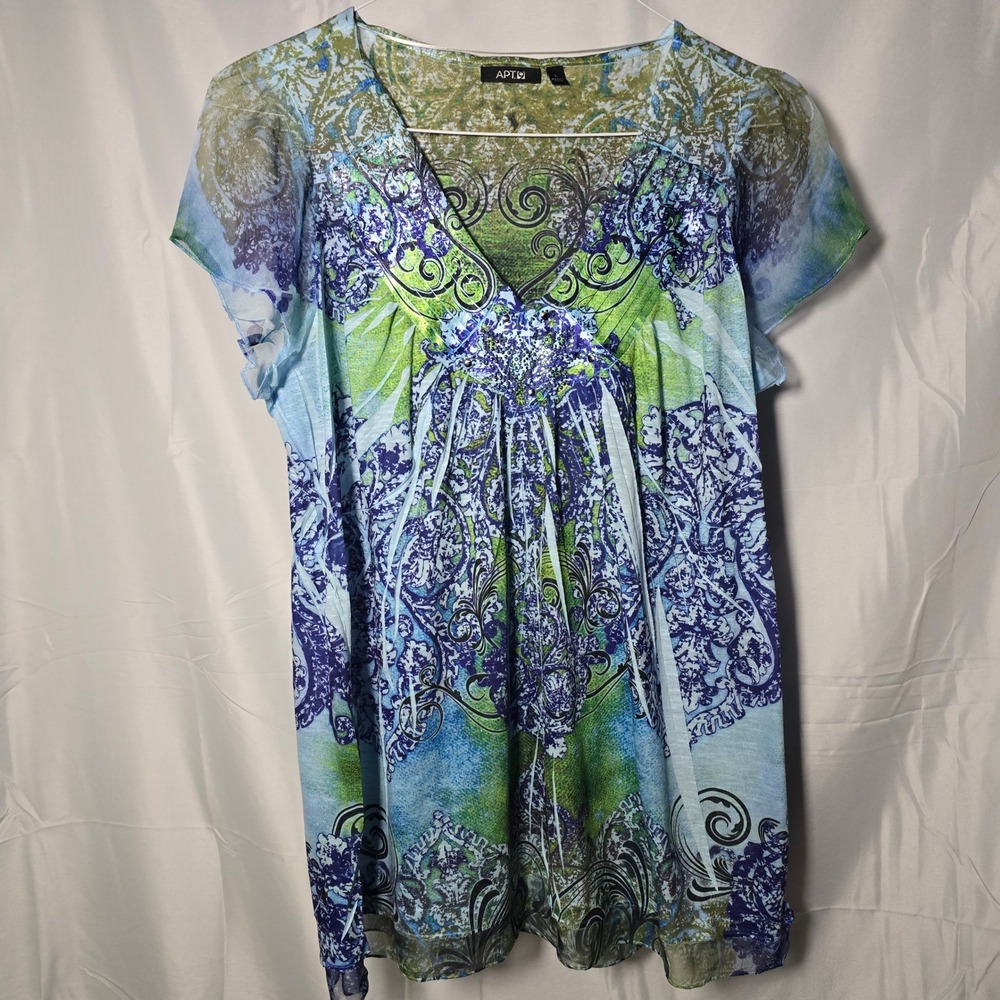Apt 9 Womens Large Blue Green Paisley Rhinestone V-Neck Short Sleeve Mesh Top